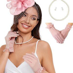 Fascinator Hats Lace Gloves Set for Women Tea Wedding Derby Headwear